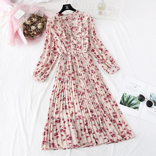 New style with bottom pleated floral skirt French retro super Fairy  4579