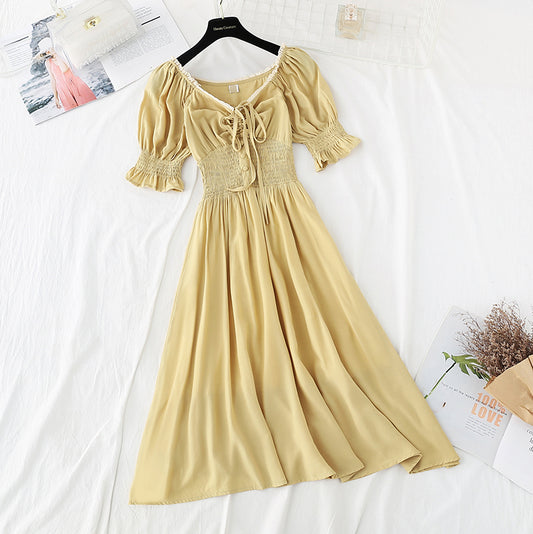 New style bubble sleeve length French retro skirt with slim waist  4695