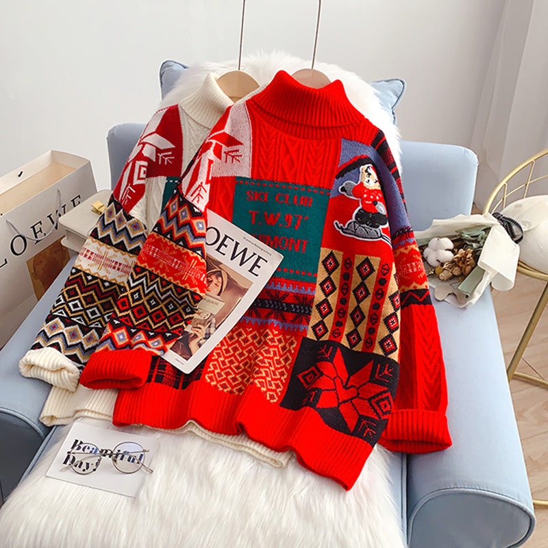 Pull col montant sœurs de Noël nouveau haut tricoté 4924