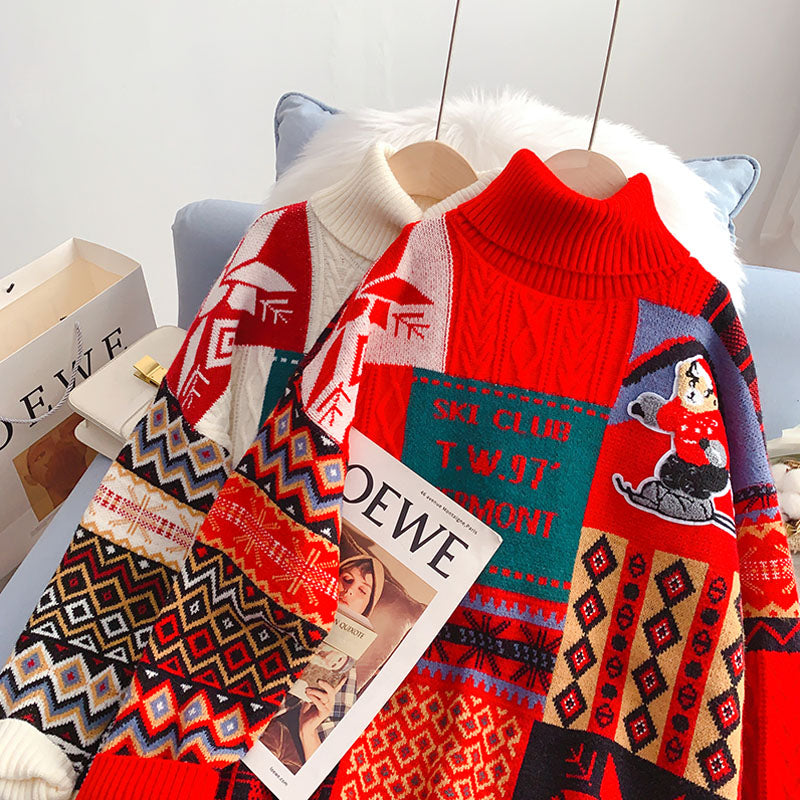 Pull col montant sœurs de Noël nouveau haut tricoté 4924