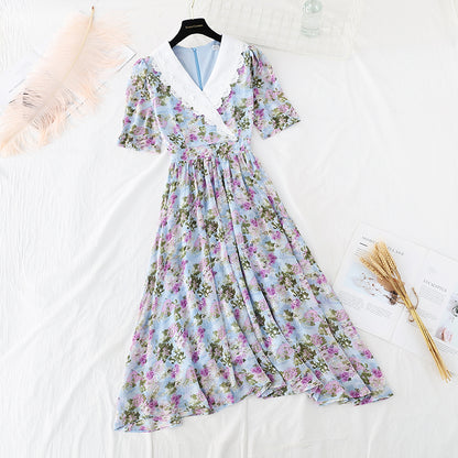 Robe longue en mousseline de soie à col croisé irrégulier et à taille découpée 4687
