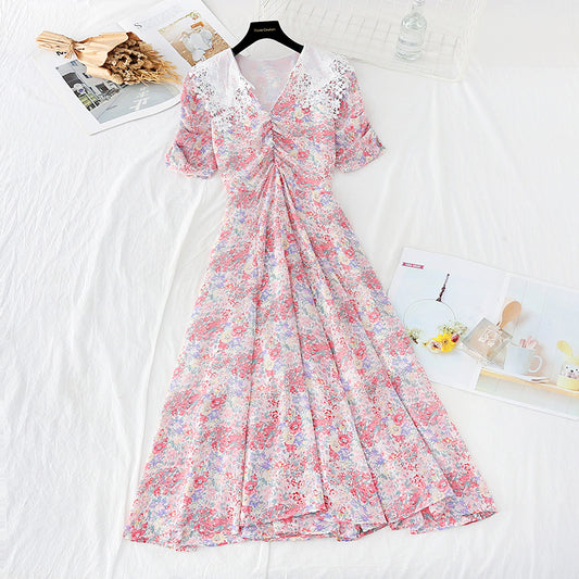 New lace Lapel temperament goddess style waist closing thin French long skirt  4630