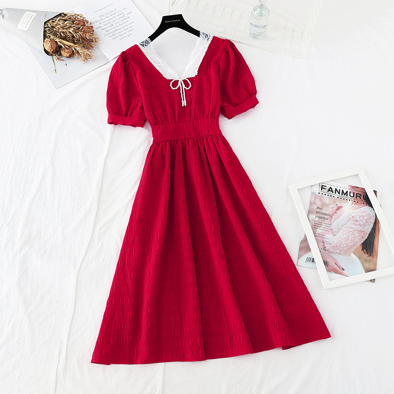 Jupe à col carré en perles de style nouveau avec taille fine robe française 4670