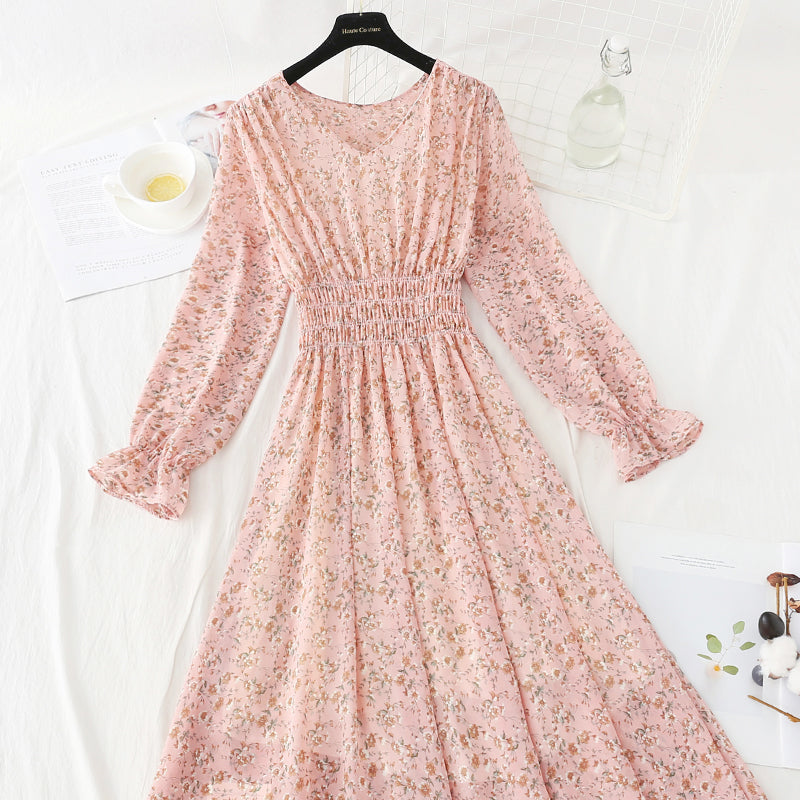 Neues, plissiertes Blumenkleid mit elastischer Taille für Damen 4816