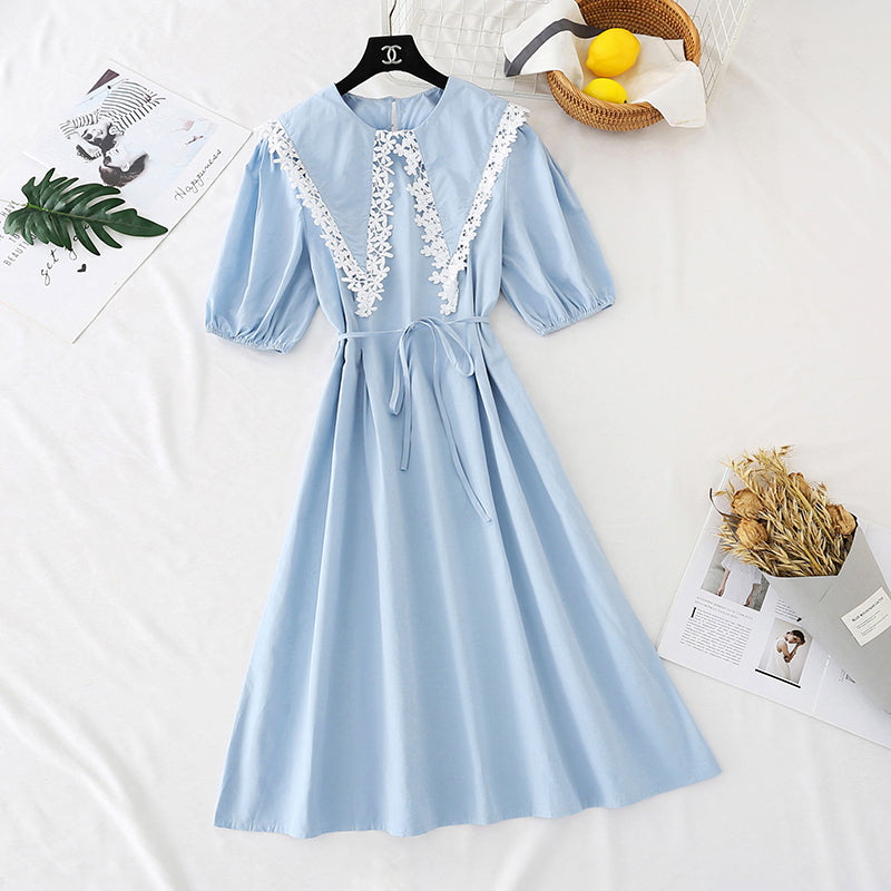 Robe en coton et lin à col de poupée en dentelle, manches à bulles rétro française 4590