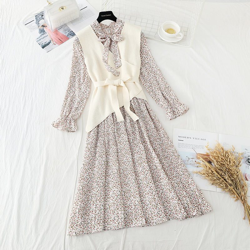 Nouveau costume gilet tricoté jupe plissée en mousseline de soie jupe longue deux pièces 4725