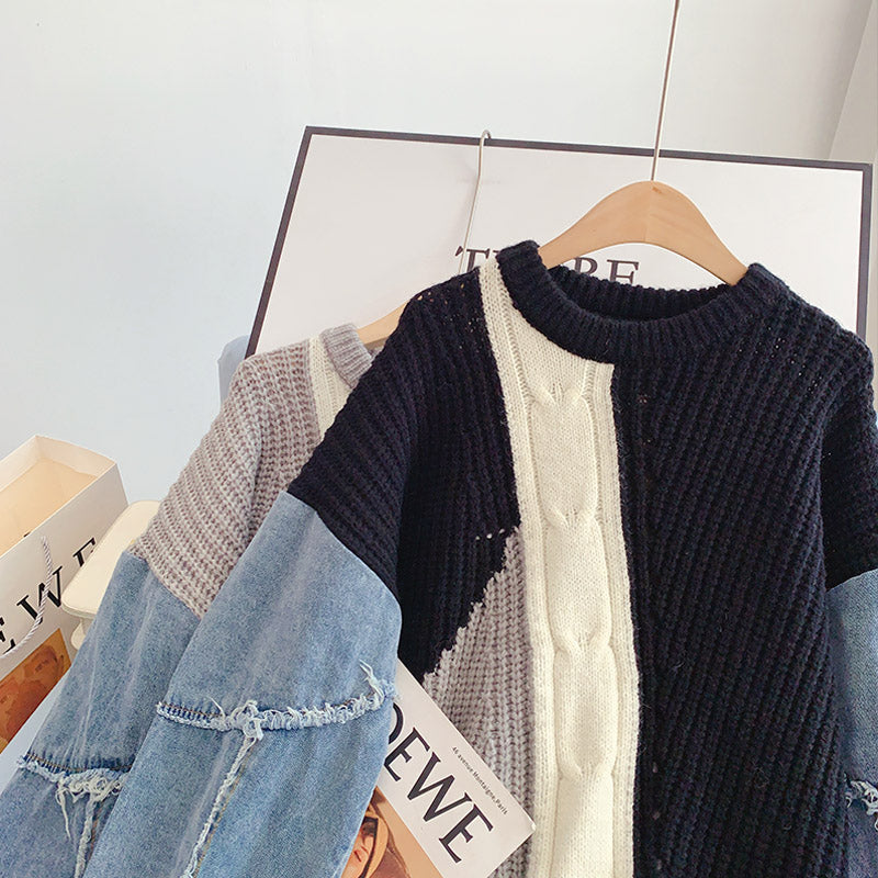 Pull à manches en denim cousues, haut de niche 4923