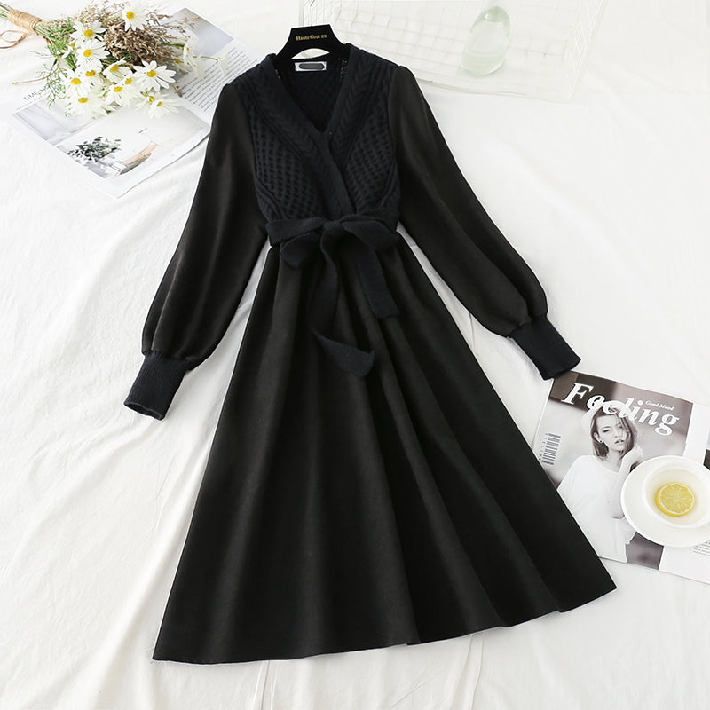 Nouvelle jupe noire courte en tricot torsadé à col en V et manches bouffantes cousues, longueur genou, 4760