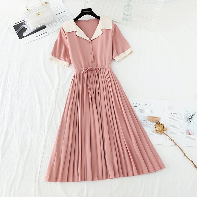 Robe française plissée slim à la taille avec col et ceinture de costume de nouveau style 4676