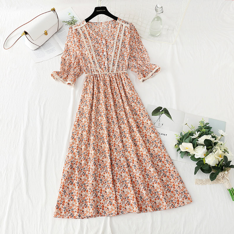 Robe fleurie pour femme jupe pause thé jupe longue en mousseline de soie vintage française 4874