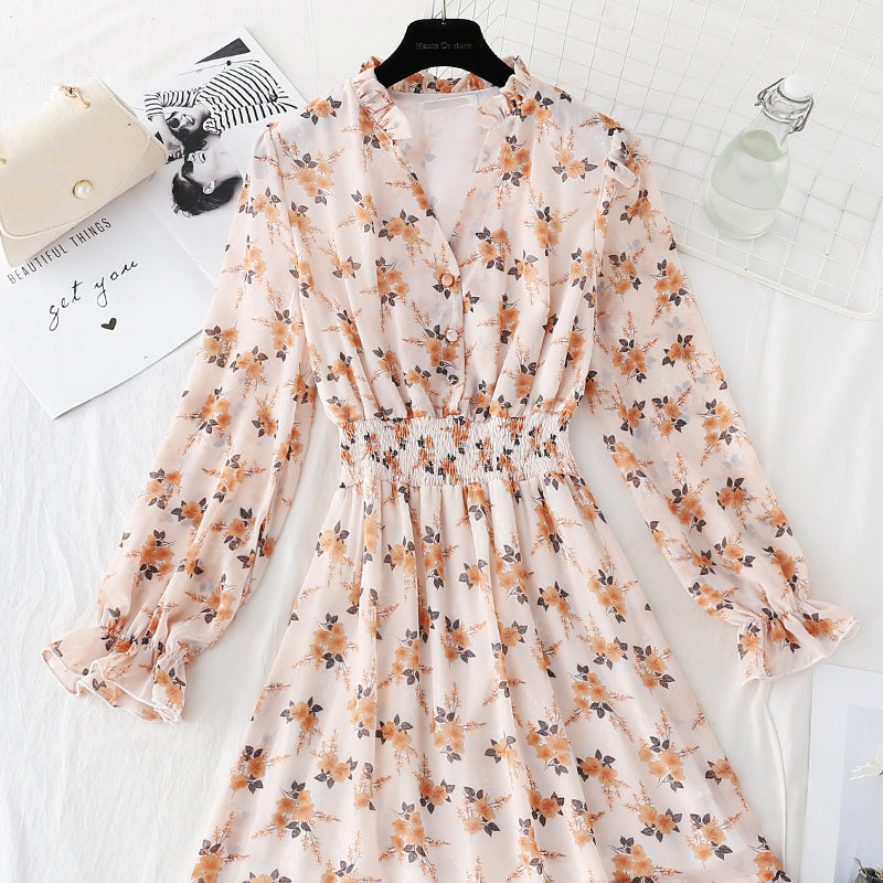 Nouvelle robe à fleurs à taille élastique et col en V pour femme, jupe en mousseline de soie 4813