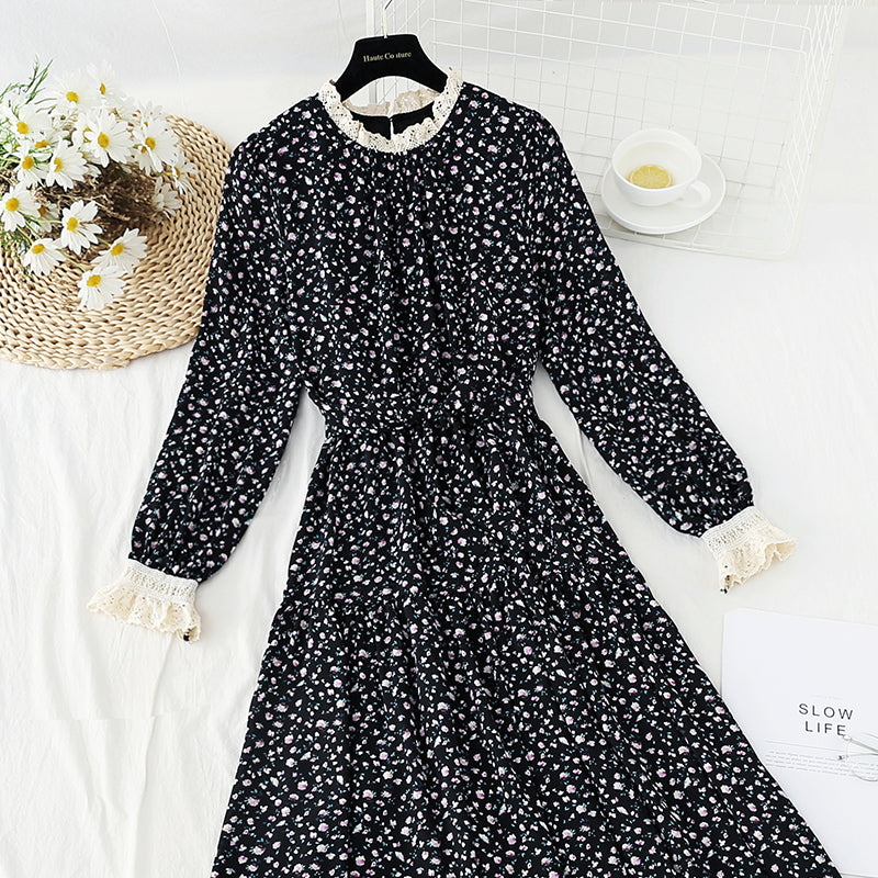 Robe fleurie rétro française jupe longue en mousseline de soie slim 4829