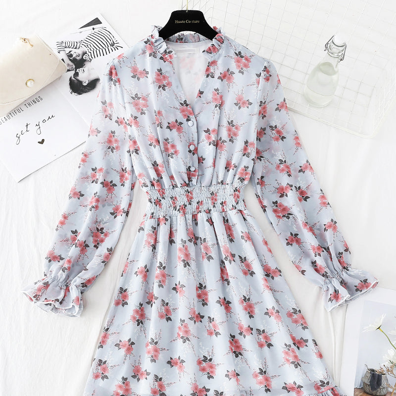 Nouvelle robe à fleurs à taille élastique et col en V pour femme, jupe en mousseline de soie 4813