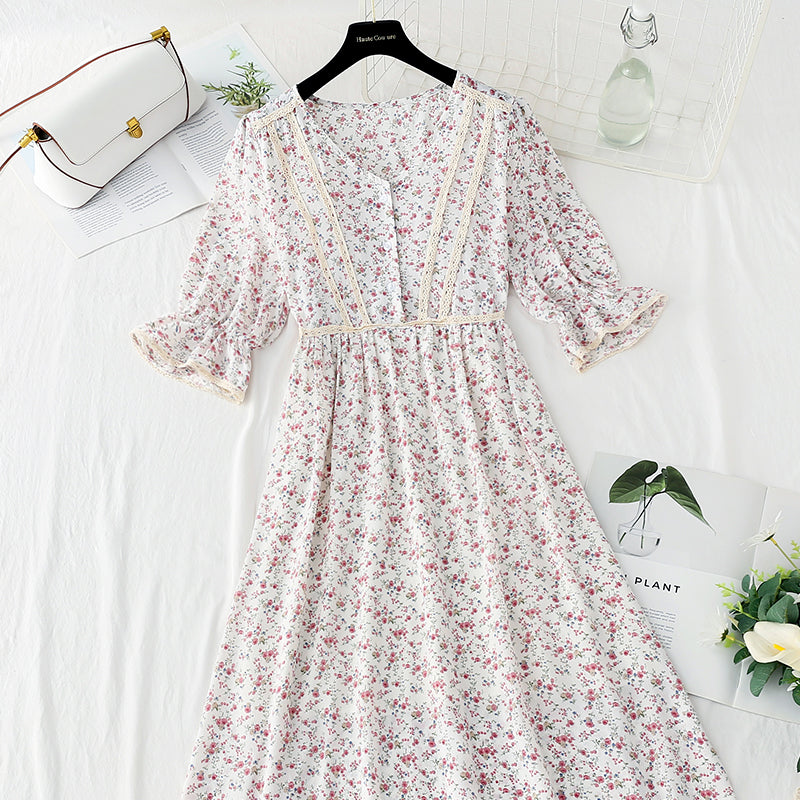 Robe fleurie pour femme jupe pause thé jupe longue en mousseline de soie vintage française 4874
