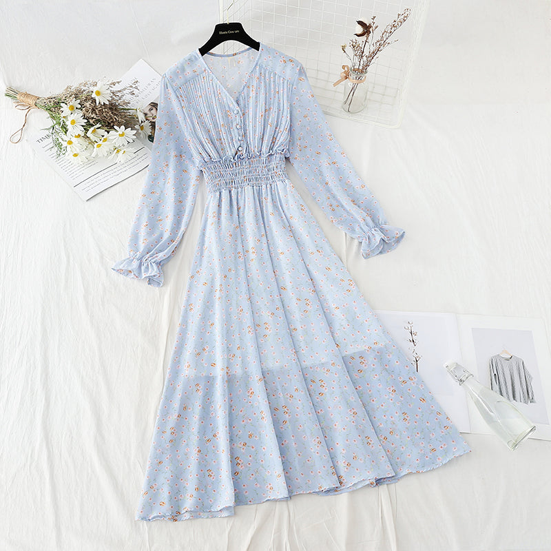 Pleated knee length floral dress gentle wind thin temperament slim skirt  4808