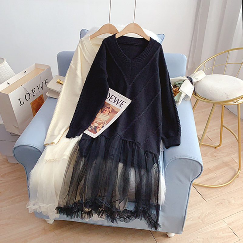 Robe longue ample en laine avec surpiqûres en maille 4941