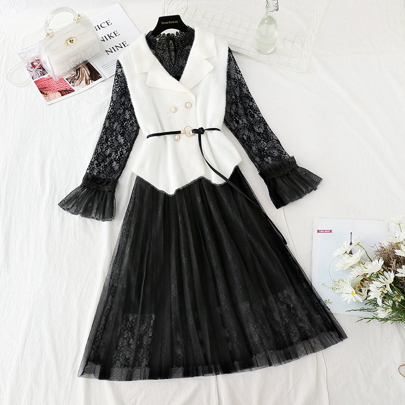 Ensemble deux pièces robe gilet jupe en dentelle super fée 4740