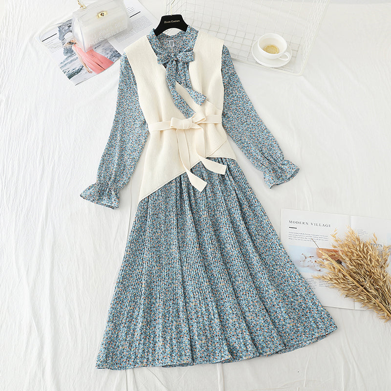 Nouveau costume gilet tricoté jupe plissée en mousseline de soie jupe longue deux pièces 4725