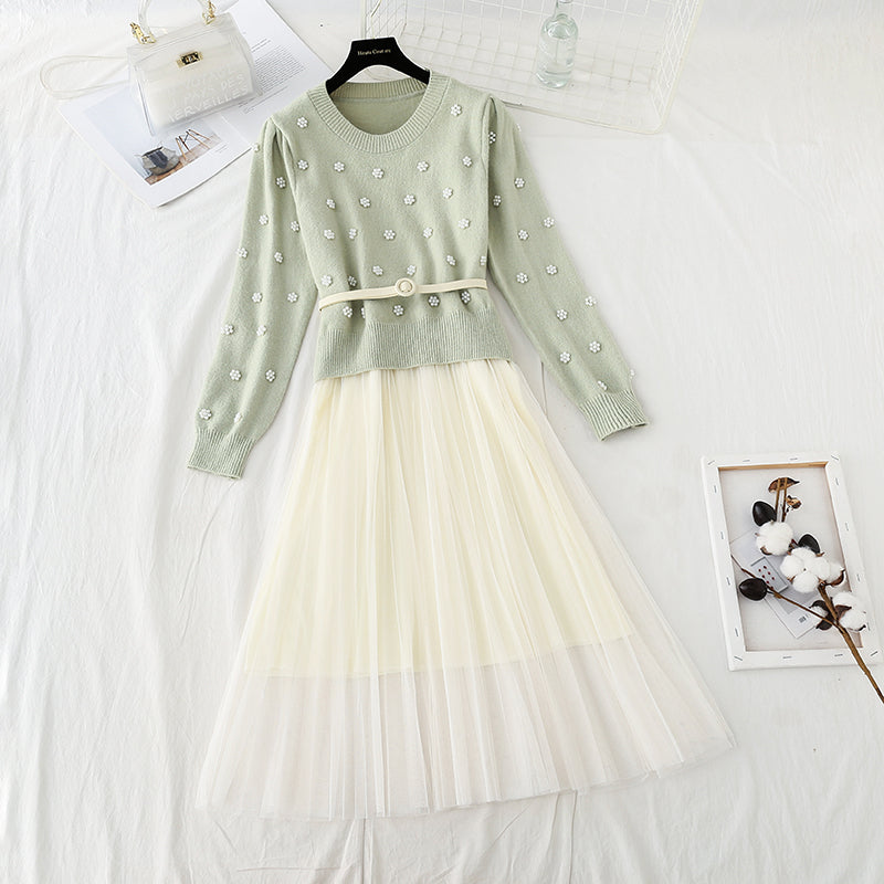 Ensemble deux pièces mi-long en tricot avec pull et jupe à fond en maille 4773