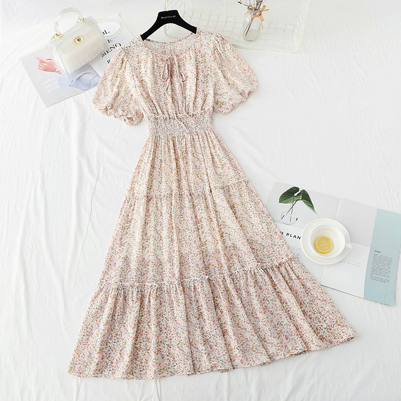 Robe fleurie coupe vent douce jupe féerique manches bouffantes jupe trapèze 4894