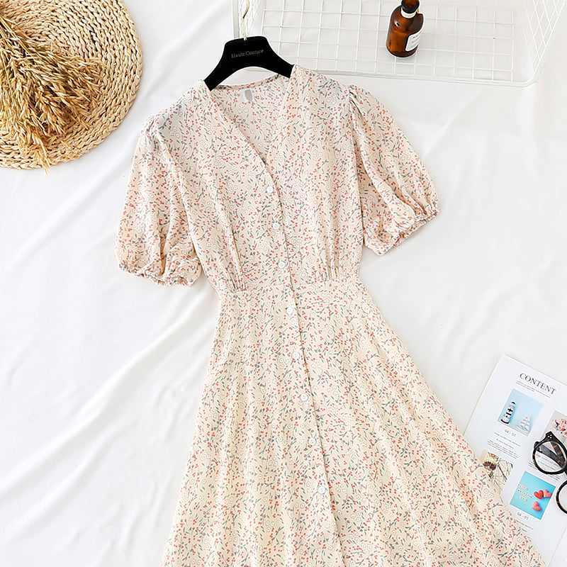Petite robe fleurie fraiche à taille unique et boutons fins 4664