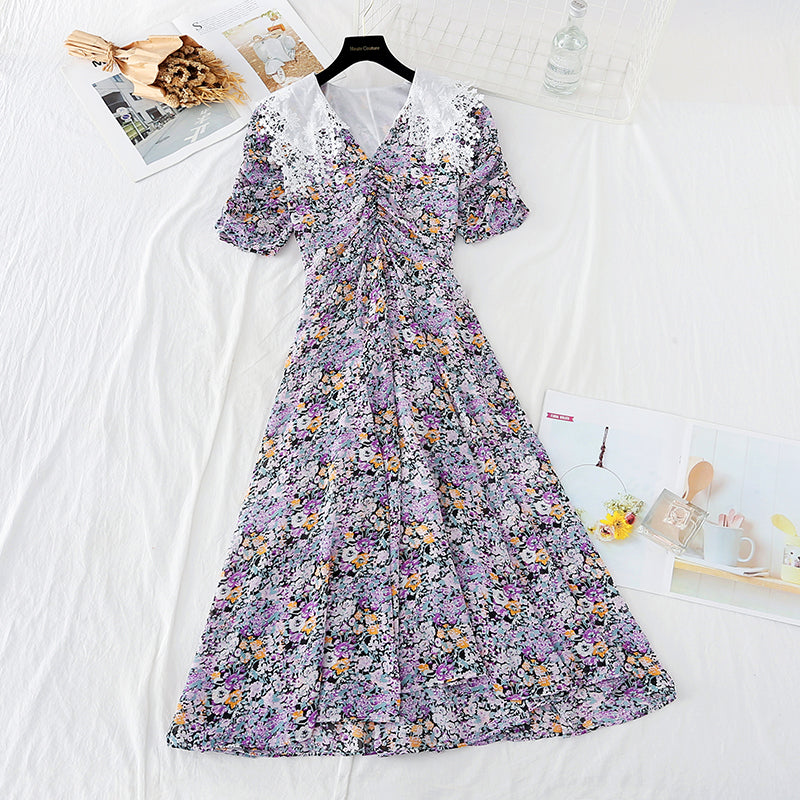 New lace Lapel temperament goddess style waist closing thin French long skirt  4630