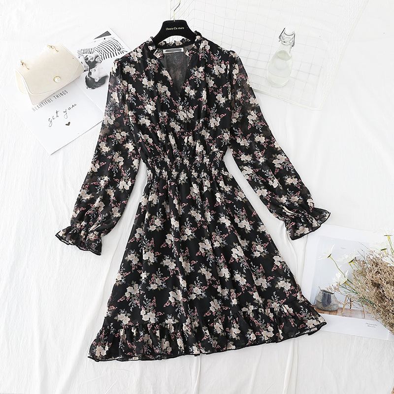 Nouvelle robe à fleurs à taille élastique et col en V pour femme, jupe en mousseline de soie 4813