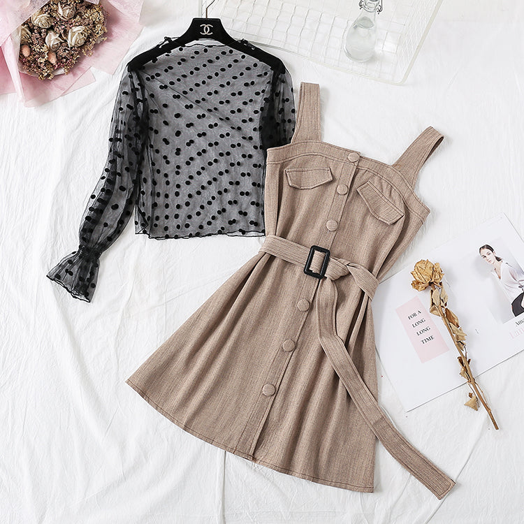 Ensemble robe à bretelles + chemise à pois avec bas en maille femme 4710