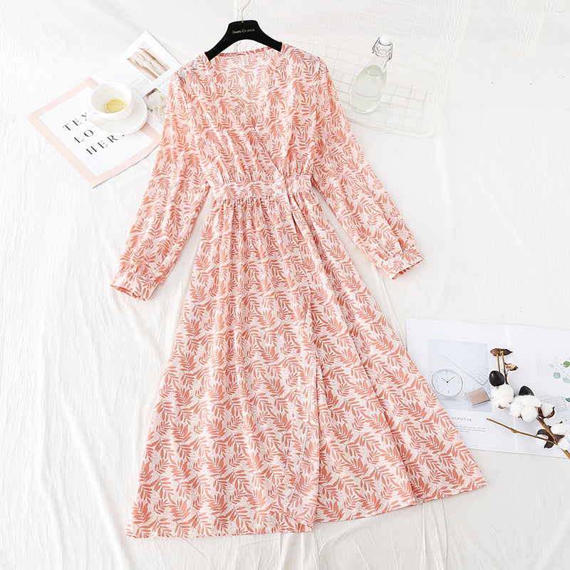 Robe en mousseline de soie à col en V et fermeture à la taille, jupe florale coupe-vent mince et légère 4806
