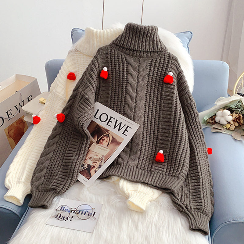 Pull col roulé style Noël épais ample style paresseux 4947