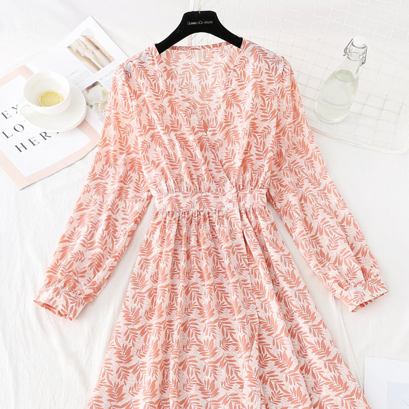 Robe en mousseline de soie à col en V et fermeture à la taille, jupe florale coupe-vent mince et légère 4806