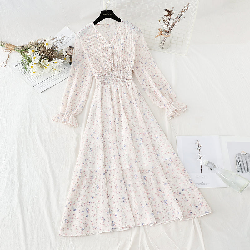 Pleated knee length floral dress gentle wind thin temperament slim skirt  4808