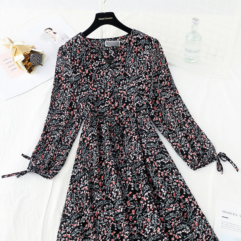 Nouvelle robe fleurie à manches longues et à lacets en mousseline de soie fine et coupe-vent 4719