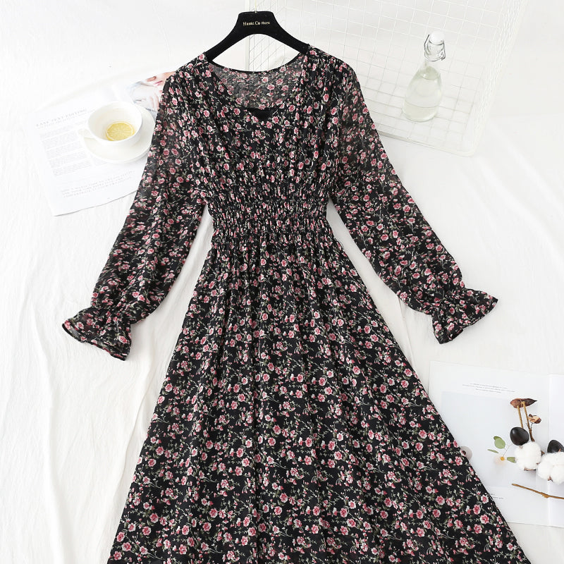 Neues, plissiertes Blumenkleid mit elastischer Taille für Damen 4816