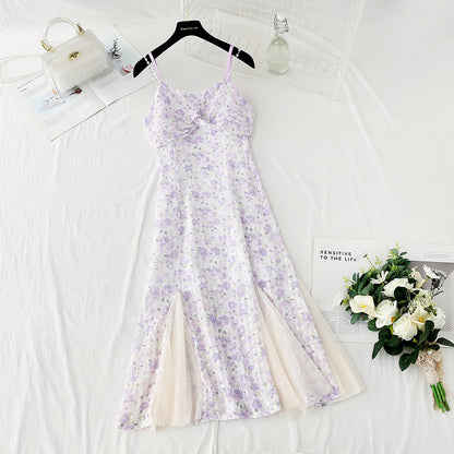 Design sense niche jupe queue de poisson violette robe à bretelles florale en mousseline de soie 4409