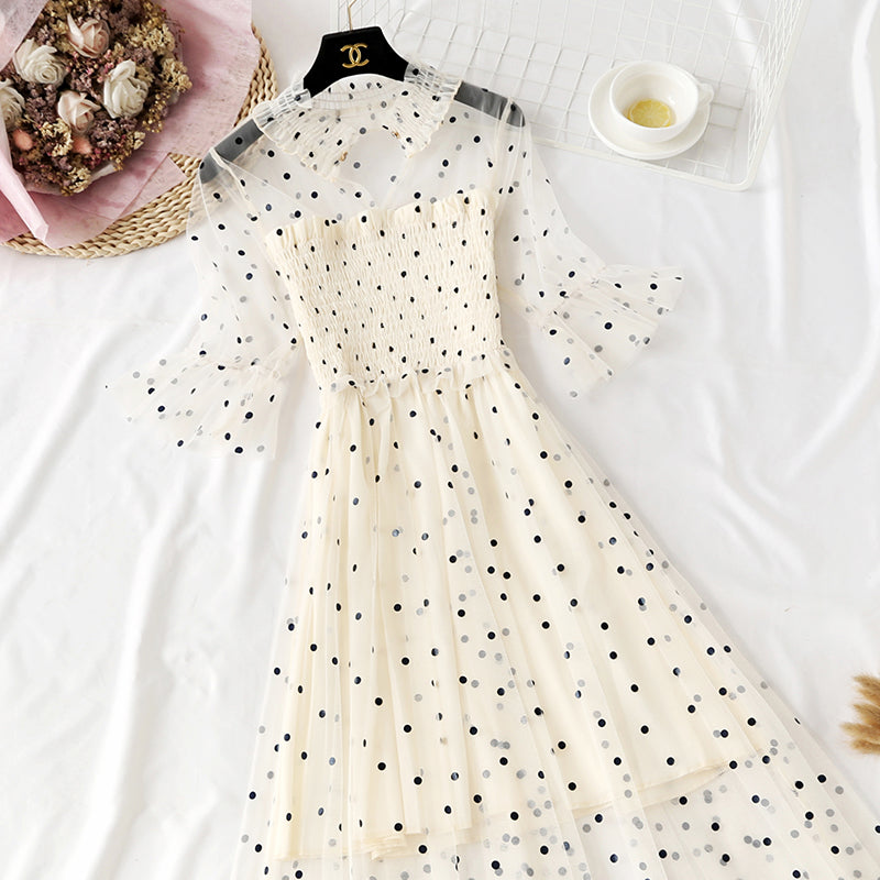 Robe longue rétro à pois et petites vagues au dessus du genou 4465