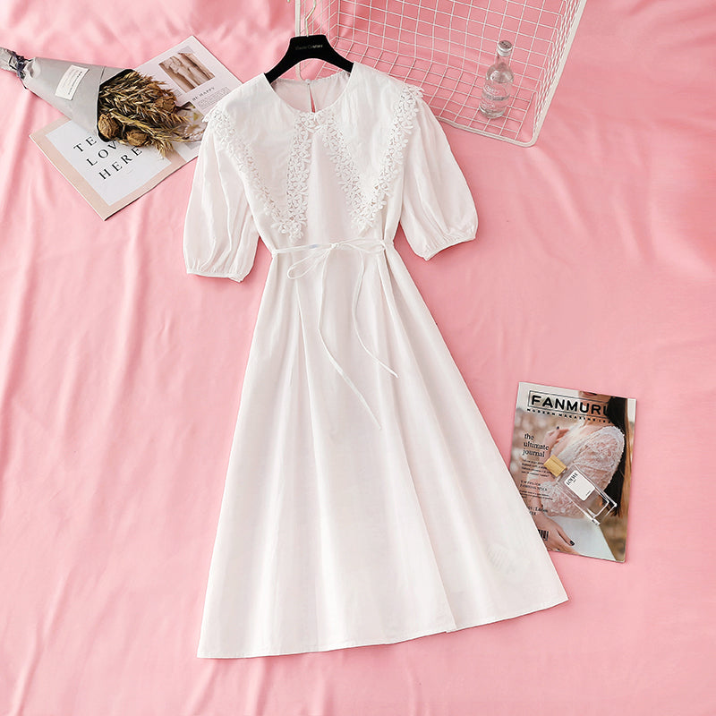 Robe en coton et lin à col de poupée en dentelle, manches à bulles rétro française 4590