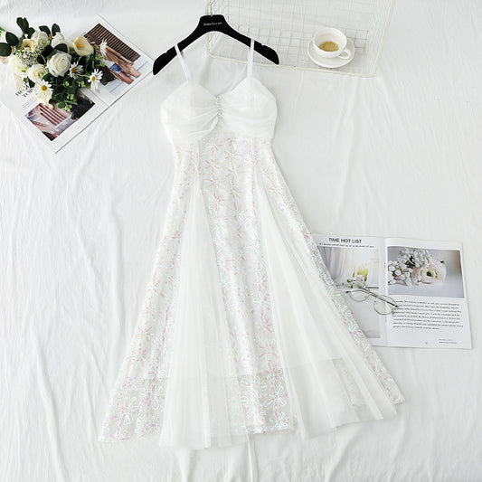 French white suspender dress mesh stitched sequins high waist thin  4428