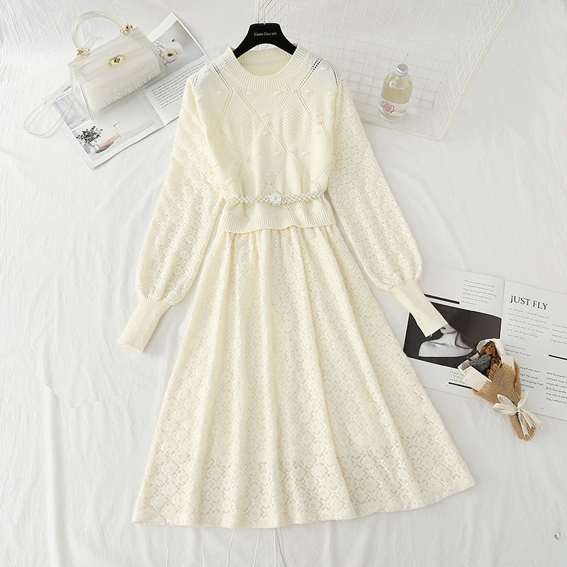 Nouvelle robe tricotée à fond bas jupe patchwork en dentelle pour femme 4441