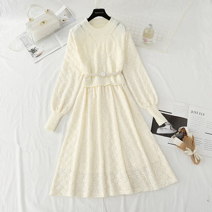 Nouvelle robe tricotée à fond bas jupe patchwork en dentelle pour femme 4441