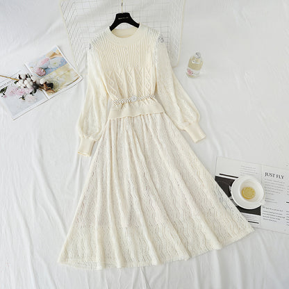 Robe tricotée pour femme en dentelle super féerique Robe en laine cousue en peluche 4439