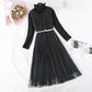 Mesh vest skirt + high neck bottomed shirt two-piece set  4578