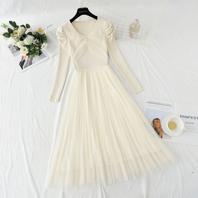 Robe en maille tricotée avec coutures en mailles, jupe longue tempérament 4416