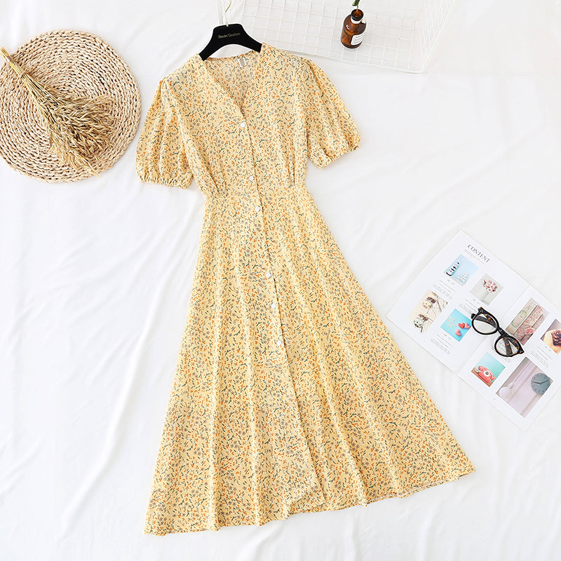 Petite robe fleurie fraiche à taille unique et boutons fins 4664