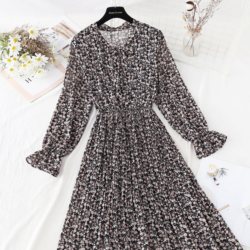 Faltenrock, elastische Taille, dünnes und altersreduzierendes Blumenkleid 4570