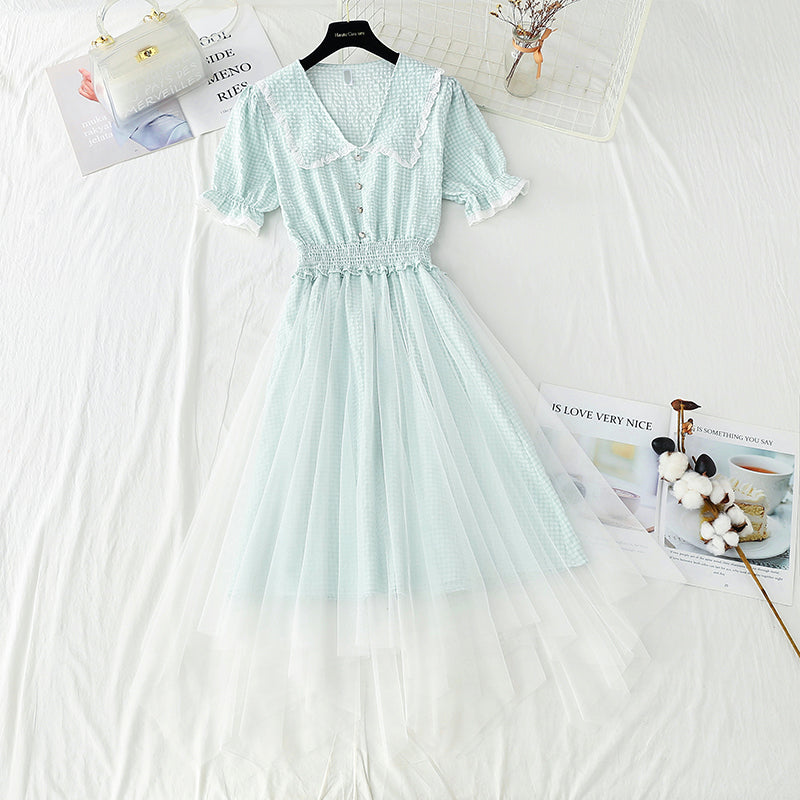 Robe en coton et lin Jupe fée en gaze à carreaux Col poupée française 4425