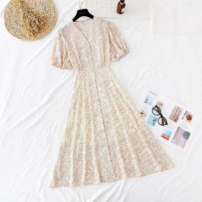Nouvelle robe rétro française en mousseline de soie à boutonnage simple avec fermeture à la taille 4516