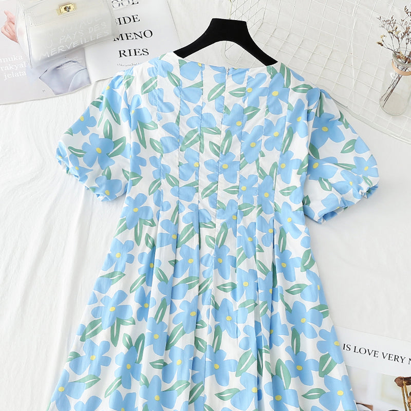 Robe en coton et lin à manches bouffantes, coupe vent douce, fleurs cassées, 4248