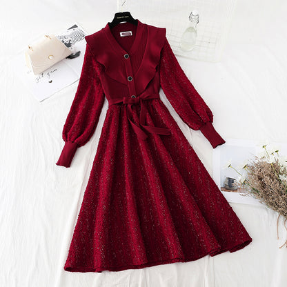 Thin wood ear lace up red dress female  4093