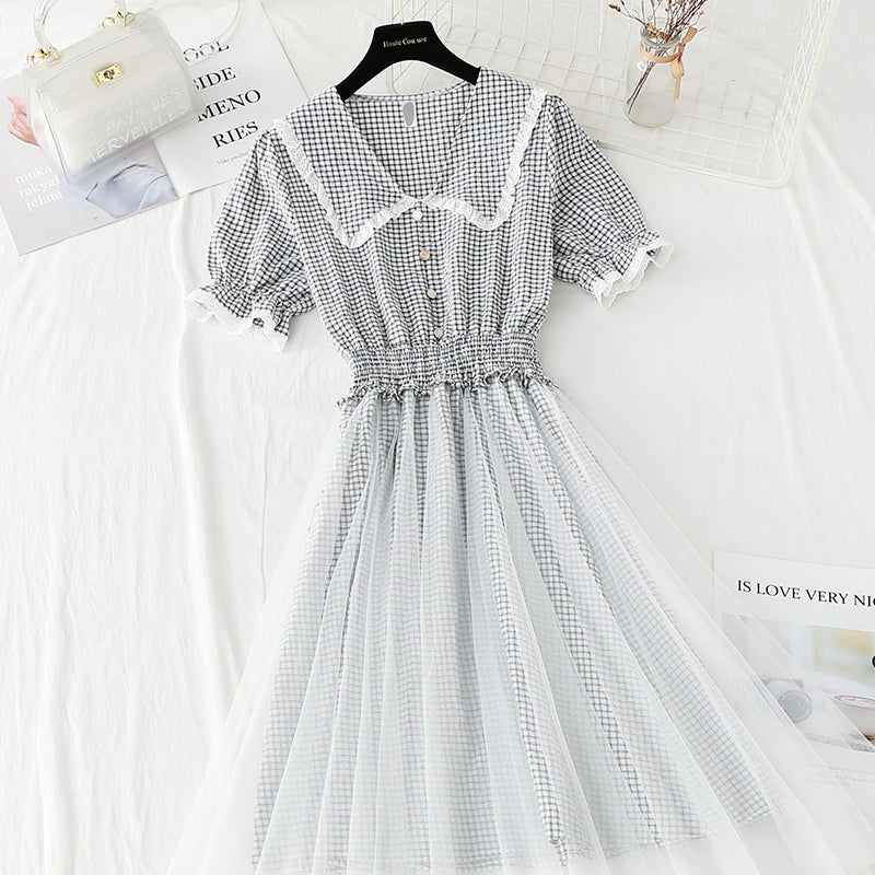 Robe en coton et lin Jupe fée en gaze à carreaux Col poupée française 4425